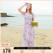 三彩2025夏季新款木耳邊荷葉袖蝴蝶印花雪紡連衣裙大擺長(cháng)裙M 淡紫色花卉 XL 170/92A