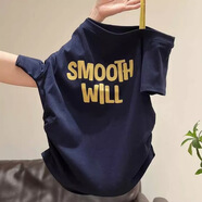 美式字母印花斜領(lǐng)露肩短袖T恤女夏新款韓系顯瘦百搭短款收腰上衣 藍色 M