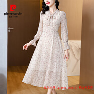 皮爾卡丹（pierre cardin）2025秋冬新款連衣裙V領(lǐng)蝴蝶結系帶長(cháng)袖收腰顯瘦印花中長(cháng)過(guò)膝裙子 圖片色 M