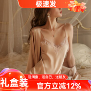 貓惑純欲風(fēng)帶胸墊冰絲睡衣女士吊帶仿真絲性感情趣睡裙裙子家居服套裝 香檳色【無胸墊】【睡裙+睡袍】 L 【適合95-115斤】
