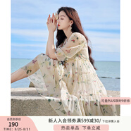 香影（xiangying）碎花連衣裙女2025年夏季新款系帶木耳邊仙氣海邊飄逸寬松裙子 米色 S
