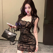 贏(yíng)鎮黑色蕾絲吊帶連衣裙女秋冬季無(wú)袖背心裙內搭裙子性感緊身包臀短裙 黑色 S