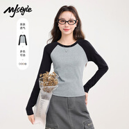 MJ STYLE撞色修身長袖T恤女2025年秋裝新款緊身插肩袖設(shè)計(jì)打底衫內(nèi)搭上衣