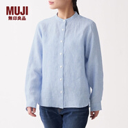 無印良品 MUJI 女式 亞麻水洗 立領(lǐng)襯衫 長(zhǎng)袖 740158 BCB08A0S 煙熏藍(lán)色X條紋 L