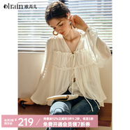 Olrain歐芮兒2025夏季新款氣質(zhì)V領(lǐng)綁帶設計飄逸靈動(dòng)仙氣雪紡衫 米杏色 M
