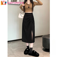 VOYDOVE卡其色開(kāi)叉西裝半身裙女春秋2025新款小個(gè)子高腰a字包臀長(zhǎng)裙子 黑色半身裙 L 【105-120斤】