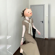 園翌美式圓領(lǐng)卡其拼接款短袖連衣裙女夏季搭配領(lǐng)巾高腰拖地長(zhǎng)裙子卡其長(zhǎng)裙M 【建議47-55kg】