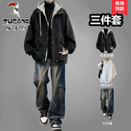 啄木鳥(niǎo)（TUCANO）假兩件連帽外套男士套裝秋冬季韓版寬松毛呢大衣男裝高級感穿搭潮 【三件】系繩連帽外套黑+長(cháng)白T+牛仔褲藍 L  建議105-120斤