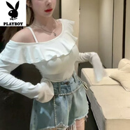 花花公子（PLAYBOY）新品大碼胖mm純欲風露肩荷葉邊吊帶長袖T恤女秋季別致修身顯瘦上 白色-旗艦款 M _90-100斤