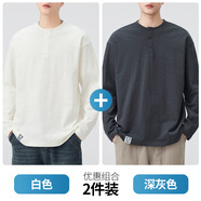 HIPANDA2025秋季款純棉長袖T恤男寬松休閑百搭圓領(lǐng)套頭上衣打底衫潮 白色+深灰色 【優(yōu)惠兩件裝】 M 建議體重100-120斤