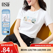 歐莎（OSA）白色短款T恤女士夏季新款衣服短袖印花顯瘦正肩上衣體恤修身 白色 M