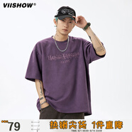viishow美式字母刺繡短袖T恤男夏季簡(jiǎn)約潮牌高街圓領(lǐng)半袖   紫色 XXL