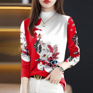 春秋女款半高領(lǐng)顯瘦長(cháng)袖T恤寬松洋氣時(shí)尚百搭印花打底衫上衣內搭 紅白花【半高領(lǐng)長(cháng)袖】 2XL 建議120-斤130斤
