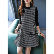 小紅書同款秋季新款亮絲釘珠拼接連衣裙女裝2024感荷葉邊顯 千鳥格 M