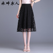 水畔衣人高檔2025夏季新款蕾絲網(wǎng)紗裙半身裙女高腰百褶裙顯瘦a字裙短裙子 黑色 XL 建議113-122斤