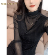 夏典素訂女王（SE.PSTP）2025冬季新款半高領(lǐng)網(wǎng)紗長(cháng)袖T恤女歐洲站釘珠修身打底衫亮絲上衣 黑色 L 100-110斤