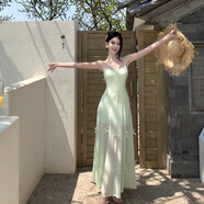 MOKITOUL國際高級感溫柔甜美海邊拍照絕美度假風(fēng)洋裝設計感小眾蝴蝶結修身 綠色 S