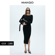 MANGO女裝連衣裙2025夏裝新款中筒圓領腰帶側開叉針織長裙 黑色 L