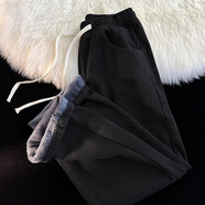 加絨加厚直筒牛仔褲女冬季2025新款小個(gè)子闊腿加棉松緊腰秋冬褲子 黑色-加絨 S