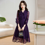 可蓓兒雪紡紗料長(cháng)袖連衣裙女春夏2025新款輕奢高級感媽媽裙子紫色 L