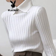 花花公子（PLAYBOY）早秋冬季長(cháng)袖針織衫POLO衫娃娃領(lǐng)毛衣百搭修身顯瘦黑色洋氣上衣 白色官方旗艦版 S (90斤內)