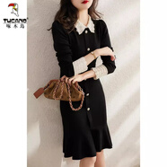 啄木鳥(niǎo)法式小香風(fēng)名媛氣質(zhì)針織連衣裙女秋冬新款修身小個(gè)子娃娃領(lǐng)小黑裙 黑色 L