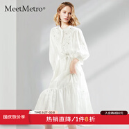 MeetMetro瑪依爾氛圍感連衣裙女2025春新款繡花鏤空泡泡袖襯衫裙甜美收腰裙 白色【現貨閃電發(fā)】 M
