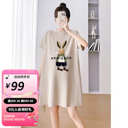 婧麒孕婦裝夏裝連衣裙時(shí)尚印花小熊t恤裙子短袖中長(cháng)款寬松孕婦裙 牛仔兔奶茶色Jly66591 XL