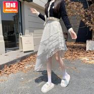 賞峰蕾絲白色半身裙女2025高腰早秋新款設(shè)計(jì)感不對稱蛋糕花邊裙子長裙 白色 S