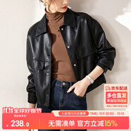 尚都比拉干練帥氣經(jīng)典百搭翻領(lǐng)口袋設(shè)計(jì)機(jī)車夾克女皮衣 黑色 L 