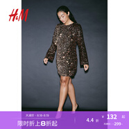 H&M女裝連衣裙秋季時尚晚派對圓領(lǐng)長袖亮片連衣裙1204941 古銅色 170/116