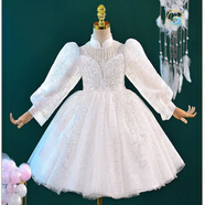 南糖三色女童禮服演出服輕奢小眾鋼琴兒童生日公主裙長(cháng)袖主持人花童婚禮裙 雪白色/長(cháng)袖/春秋款禮服+送禮品 130