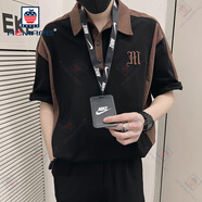 AEMAPE短袖T恤男裝撞色男潮牌痞帥翻領(lǐng)2025新款刺繡夏裝半袖上衣 黑色 L (175)