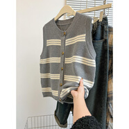 以純（YISHion）黑色條紋針織開(kāi)衫馬甲女春秋寬松坎肩背心疊穿襯衫2025年秋冬新款 灰色  均碼 90-135斤