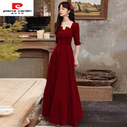 皮爾卡丹（pierre cardin）酒紅色敬酒服2025新款新娘結婚便裝訂婚晚禮服顯瘦連衣裙平時(shí)可穿 緞面長(cháng)款中袖 酒紅色【春夏款】 3XL