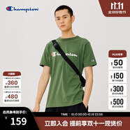 Champion夏季經(jīng)典款印花草寫LOGO圓領(lǐng)休閑運(yùn)動(dòng)T恤無性別冠軍短袖男女情侶 深綠色(偏薄） M