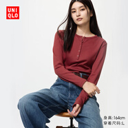 優(yōu)衣庫女裝羅紋亨利領(lǐng)T恤/長袖修身短款內(nèi)搭打底25新款479591 17 棗紅色 XL /165/92A