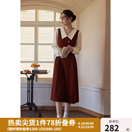 獨(dú)束大碼女裝假兩件撞色襯衫領(lǐng)連衣裙女秋冬微胖mm文藝復(fù)古穿搭裙子 勃艮第紅【適合165左右】 M