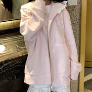 FSHE花邊衛衣外套女小貓咪碎花長(cháng)袖拉鏈連帽秋冬日系可愛(ài)休閑開(kāi)衫女 粉色 S