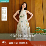 茵曼（INMAN）夏季植物碎花印花女裝無(wú)袖連衣裙百搭寬松花苞長(cháng)裙子 杏色 XL