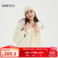 三福（SANFU）厚外套2025冬季可拆卸毛邊英文刺繡加絨上衣女裝512131 米白色 L