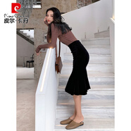 皮爾卡丹（pierre cardin）金絲絨半身裙女秋冬加厚冬裙中長(cháng)款魚(yú)尾包臀長(cháng)裙氣質(zhì)顯瘦彈力加絨 黑色   S 裙長(cháng)72