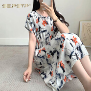 夏典素訂女王（SE.PSTP）波西米亞海邊渡假棉綢碎花連衣裙蝙蝠袖中長(cháng)款沙灘碎花人造棉裙子 蝙蝠袖火焰 L 建議95-110斤