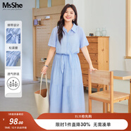 MsShe【條紋綁帶收腰連衣裙】大碼女裝2025秋裝胖mmV領(lǐng)襯衫長裙子 【天絲苧麻】冰河藍(lán)色現(xiàn)貨, 2XL