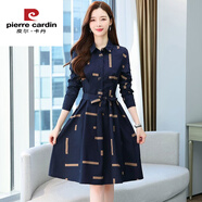 皮爾卡丹（pierre cardin）2025新款氣質(zhì)時(shí)尚秋裝翻領(lǐng)撞色洋氣幾何圖形顯瘦襯衫中長(cháng)款連衣裙 藏青色 今年流行的輕奢品牌 S 建議85-100斤