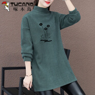 啄木鳥(niǎo)（TUCANO）2025秋冬季半高領(lǐng)雙面德絨保暖T恤女寬松中長(cháng)款加厚上衣打底衫潮 綠色 【雙面德絨面料】 M