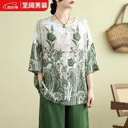 儷韻小屋（LiYunHouSe）棉麻定位花短袖T恤夏季新款復古休閑寬松遮肚子洋氣印花上衣 綠色 單件上衣 2XL 150-180斤