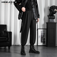 聲猴配馬丁靴褲子男高街ins寬松大碼哈倫潮流運動(dòng)闊腿九分韓版工裝日 黑色 XL(120-145斤)