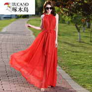 啄木鳥(niǎo)冰絲超長(cháng)及踝長(cháng)裙2025新款波西米亞純色雪紡大碼連衣裙度假沙灘裙 大紅色 裙長(cháng)145【建議身高170以上】 XL