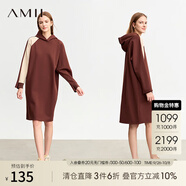 AMII女裝2025冬季新款連帽拉毛薄絨撞色兩穿袖口連衣裙女寬松 深咖 L 165/88A